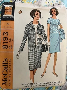 RARE McCall’s 8193 Suit 1960s Sewing Pattern Sz24½ Bust 45”